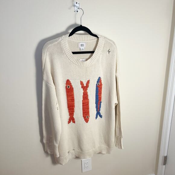 BDG Kurt Fish Graphic Distressed Oversized Fisherman Sweater Size Large New - Picture 5 of 9